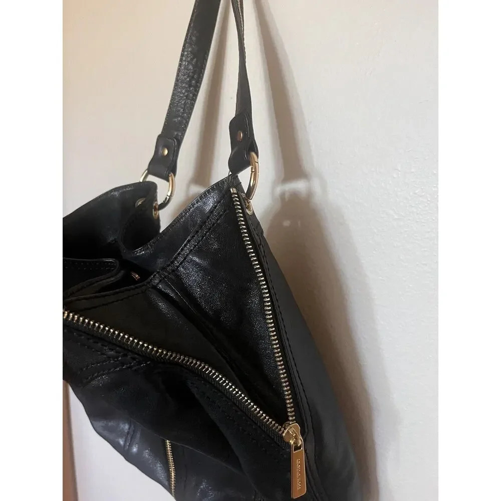 Michael Kors Moxley Black Leather Gold Zippers Details Shoulder Bag